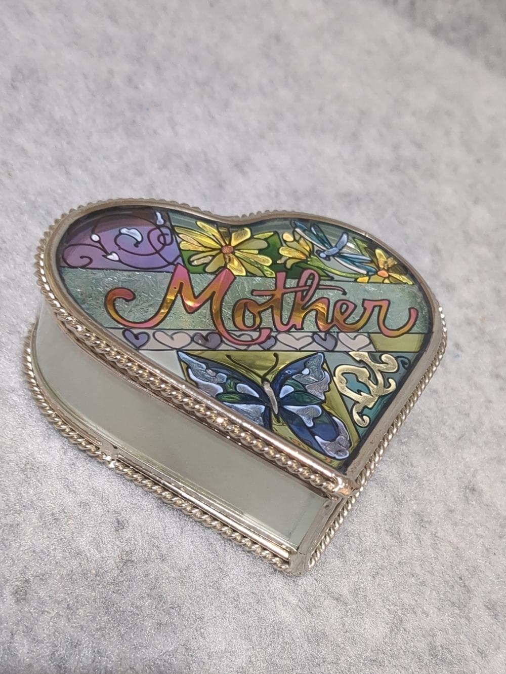 Amia Heart Shaped "Mother" Jewelry Trinket Box Hinged Hand Painted Stained Glass